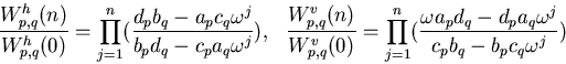 \begin{displaymath}
{W^h_{p,q}(n)\over
 W^h_{p,q}(0)}=\prod_{j=1}^{n}({d_pb_q-a_...
 ...}^n({\omega
 a_pd_q-d_pa_q\omega^j\over c_pb_q-b_pc_q\omega^j})\end{displaymath}